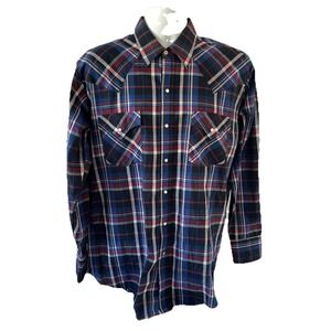Plains Western Wear Shirt Large Blue Maroon‎ Plaid Pearl Snap Long Sleeve